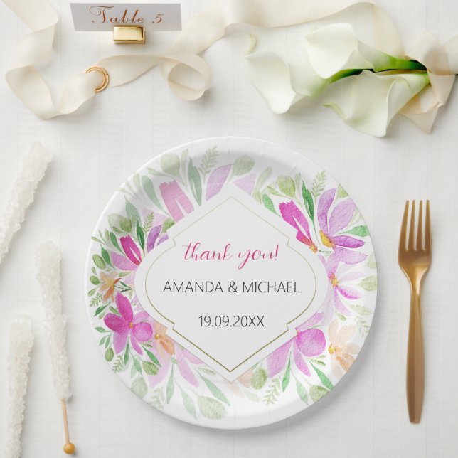 Prato De Papel Aquarela Moderna Boho Lilás Floral  (Casamento)