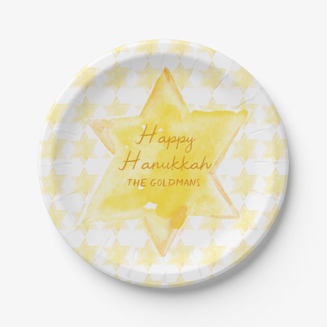 Prato De Papel Aquarela personalizada - estrela judaica Hanukkah (Frente)