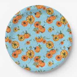 Prato De Papel Aquarela Pintada Abóboras de Outono Laranja/Azul