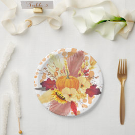 Prato De Papel Aquarela Pumpkin e Ação de Graças Floral