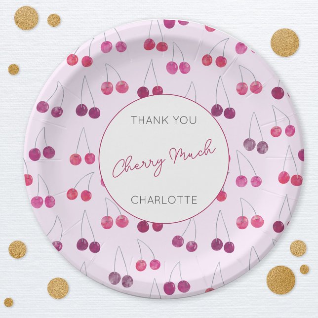 Prato De Papel Aquarela Rosa Cereja Personalizada (Thank You Cherry Much personalized cherries design party paper plates)