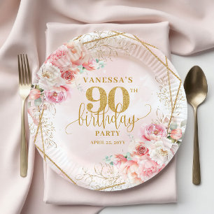 Prato De Papel Aquarela Rosa Floral Dourado Personalizado 90º Ani
