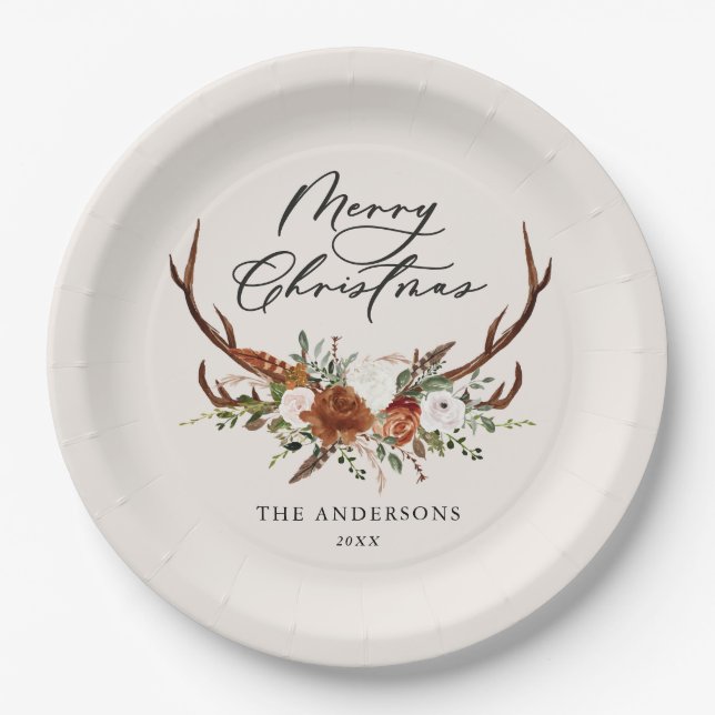 Prato De Papel aquarela veado floral feliz natal (Frente)