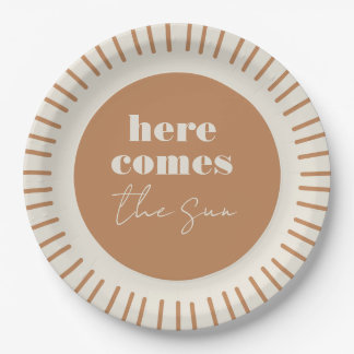 Prato De Papel Aqui vem o Chá de fraldas Sun Boho | Placas de pap