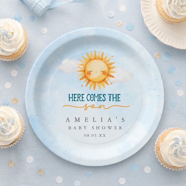 Prato De Papel Aqui Vem o Filho Chá de Bebê (Here Comes the Son Baby Shower Paper Plates)