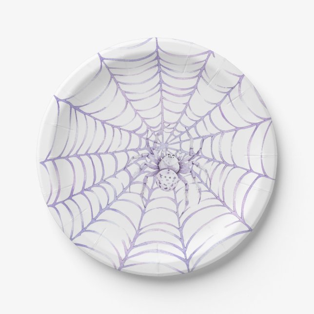 Prato De Papel Aranha de Halloween Lavanda na Teia (Frente)
