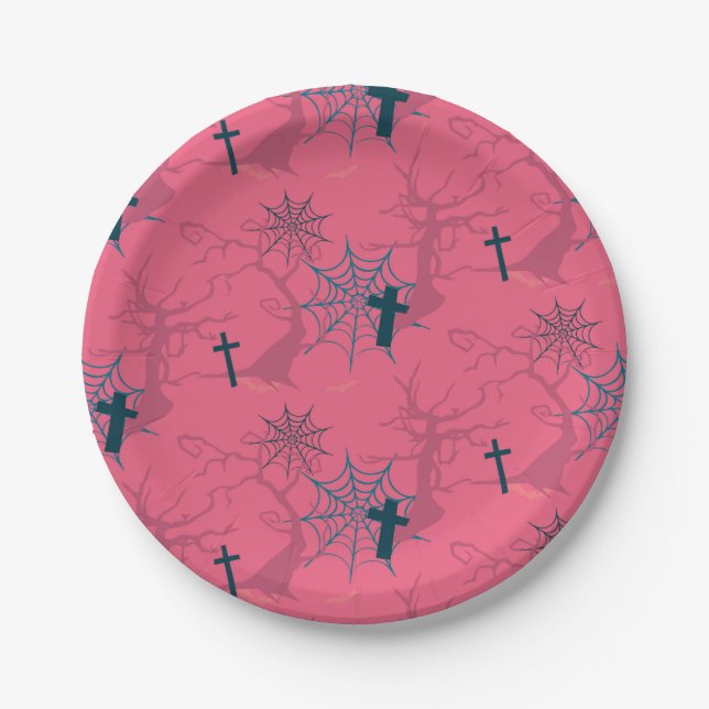 Prato De Papel Aranha-framboesa-rosa, árvore assustadora e sepult (Frente)