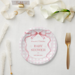 Prato De Papel Arco de Aquarela Rosa Brilhante Gingham Baby Girl