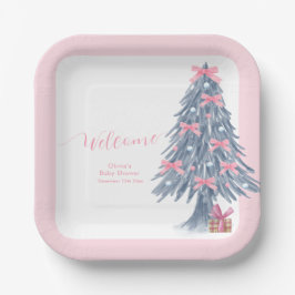 Prato De Papel Arco de Natal de Inverno Rosa Bem-vindo ao Chá de 