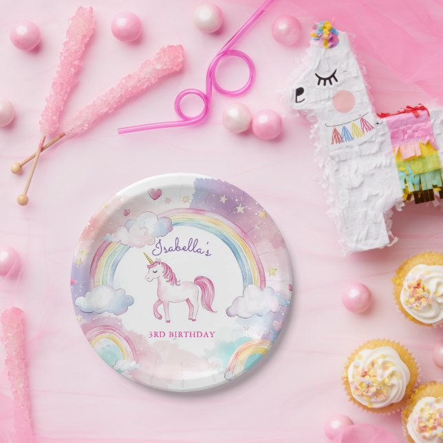 Prato De Papel Arco-Íris Mágico e Branco (Festa)
