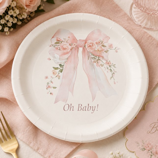 Prato De Papel Arco Rosa Coquette "Oh Baby" Chá de Bebê (Coquette Blush Bow "Oh Baby" Baby Shower Paper Plates)