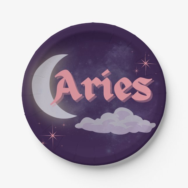 Prato De Papel Aries Celestial Moon Cloud Stars Astrologia Arte (Frente)