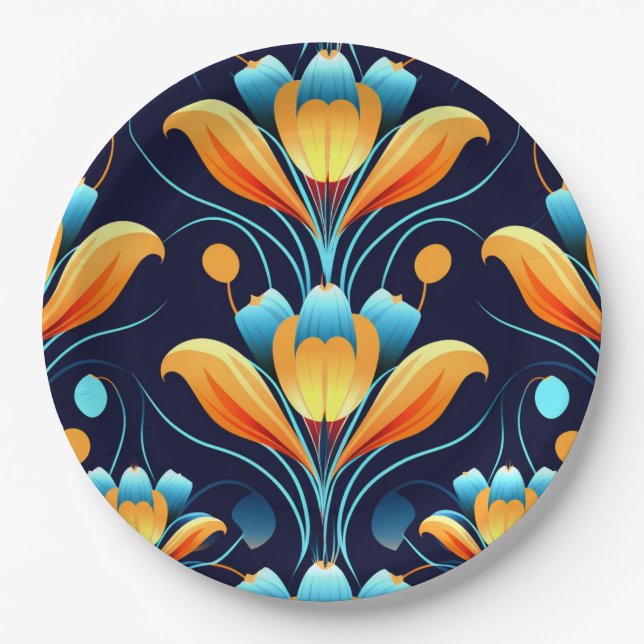 Prato De Papel Art Deco - flores laranja azuis (Frente)