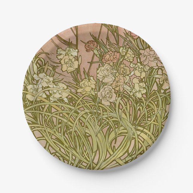 Prato De Papel Art Nouveau Alfonse Mucha Flores de cravo florais (Frente)
