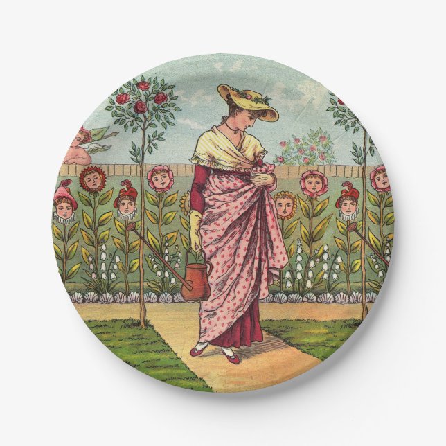 Prato De Papel Arte Antigo Jardim Crescer Flor Mulher (Frente)