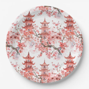 Prato De Papel Arte Cênica de Pagode Asiática Vintage com Flor de