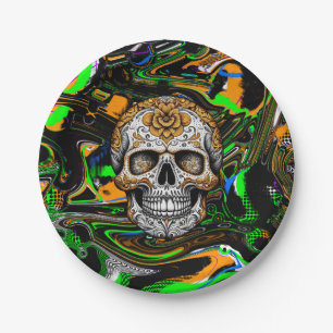 Prato De Papel Arte de Crânio de Açúcar Laranja Preto e Verde Lim