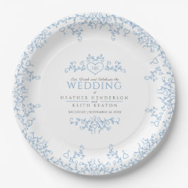 Prato De Papel Arte de folha coração monograma casamento azul