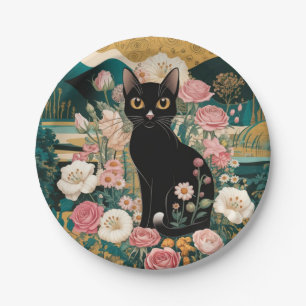 Prato De Papel Arte de Gato Preto Decorativo Dourado no Estilo Gu