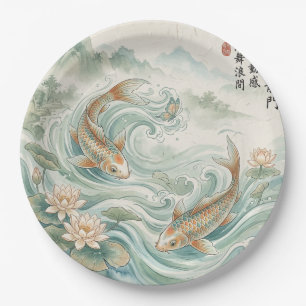 Prato De Papel Arte de Peixe Koi Lótus em Tinta Lavada