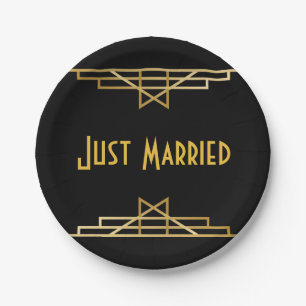 Prato De Papel Arte Deco Dourado e Preto Recém-Casados, Casamento