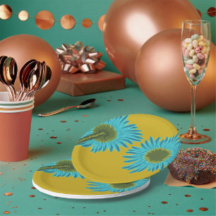 Prato De Papel Arte Margarida Azul Negrito em Fundo Amarelo de Mo