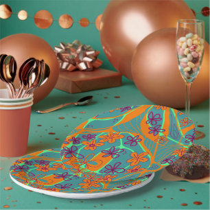 Prato De Papel Arte Neuro Floral Maximalista - Teal Laranja Magen