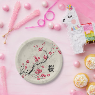 Prato De Papel Arte oriental da flor de cerejeira de Sakura do