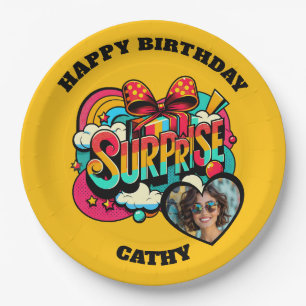 Prato De Papel Arte Pop Personalizada de Aniversário Retro com Fo