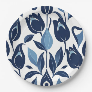 Prato De Papel Arte Popular Escandinava Simétrica Tulipa Azul Mar