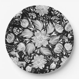 Prato De Papel Arte Popular Floral Preto e Branco Monocromático