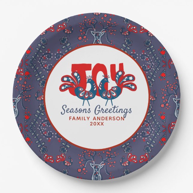 Prato De Papel Arte Popular Natal Ave Escandinava Vermelho Azul (Frente)
