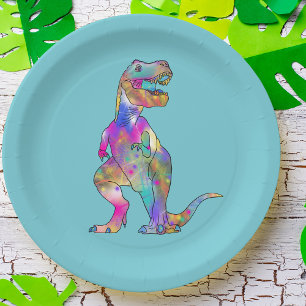 Prato De Papel Arte Psicodélica de Dinossauro T Rex Colorido e Di