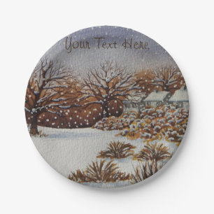 Prato De Papel Arte rural da cena da neve das casas de campo do