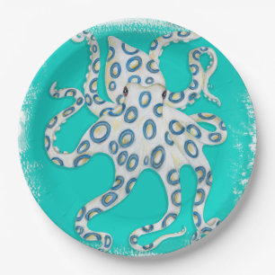 Prato De Papel Arte Teal do Polvo Anel Azul