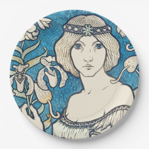 Prato De Papel Arte Vintage Mulher Nouveau Cartaz Impresso Floral