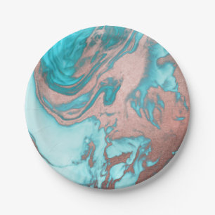 Prato De Papel Artsy Chic Rosa Dourado Aqua Mint Blue Marble Patt