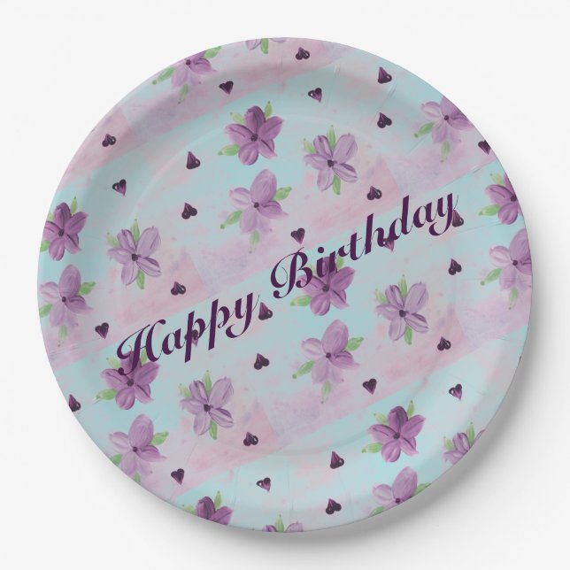 Prato De Papel Artsy Floral Birthday Designer (Frente)