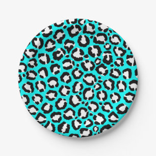 Prato De Papel Artsy Modern Cyan Blue Leopard Animal Print