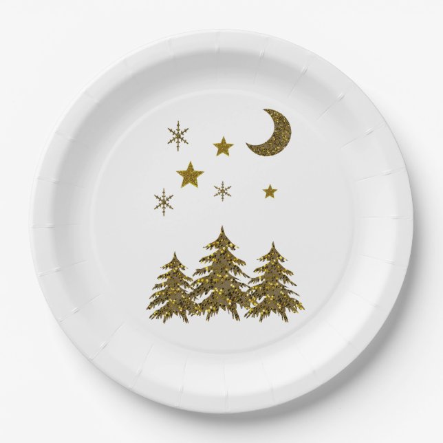 Prato De Papel Árvore de Natal brilhante, lua, estrelas (Frente)