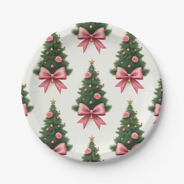 Prato De Papel Árvore de Natal com Laço Rosa (Frente)
