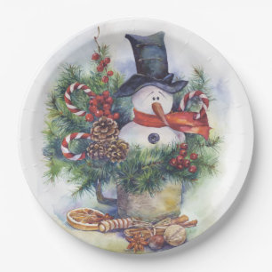 Prato De Papel Árvore de Natal de Watercolor Snowman no inverno 
