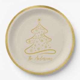 Prato De Papel Árvore de Natal Elegante Bege Osso Pastel Dourado