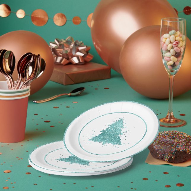 Prato De Papel Árvore de Natal Elegante | Luxe Aqua Mint Splatter (Múltiplo)