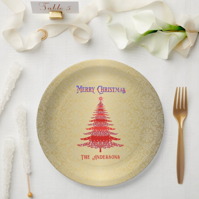 Prato De Papel Árvore de Natal Moderna, Vermelho Dourado (Casamento)