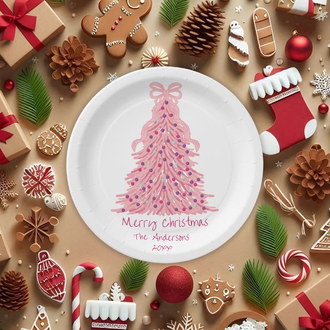 Prato De Papel Árvore de Natal Rosa com Laço Rosa (Criador carregado)