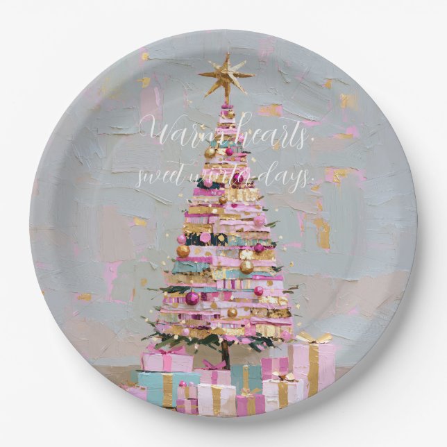 Prato De Papel Árvore de Natal Rosa e Dourada Impasto (Frente)