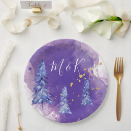 Prato De Papel Árvore de Natal Roxa Flocos de Neve Dourados