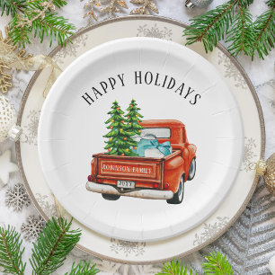 Prato De Papel Árvore de Natal Rustic Red Truck Feliz Feriados