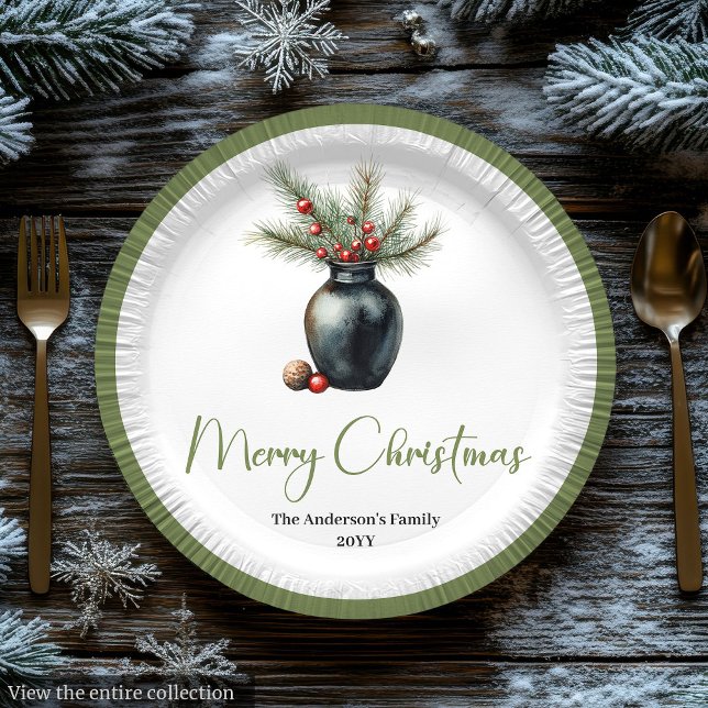 Prato De Papel Árvore de Natal Rústica Boho em Estilo Botânico  (Rustic Boho Christmas Tree in Botanical Style Plate

)